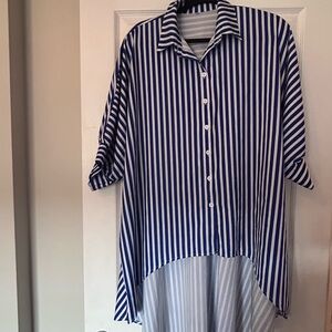 ❤️MAKE OFFER❤️ Blue White Stripe button oversized short sleeve shirt tunic XXL